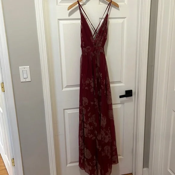 Red Dress Boutique Dresses | Ever After Floor Length Wine Colored Dress with Beige Flower Details (Small) | Color: Red/Tan | Size: S | Pm-75787472's